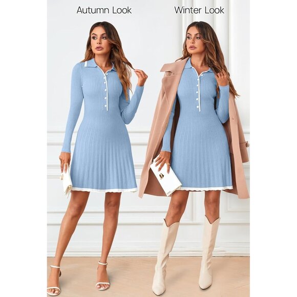 Merokeety Women's Blue Long Sleeve V Neck Button Knit Pleated Sweater Dress - Picture 5 of 7